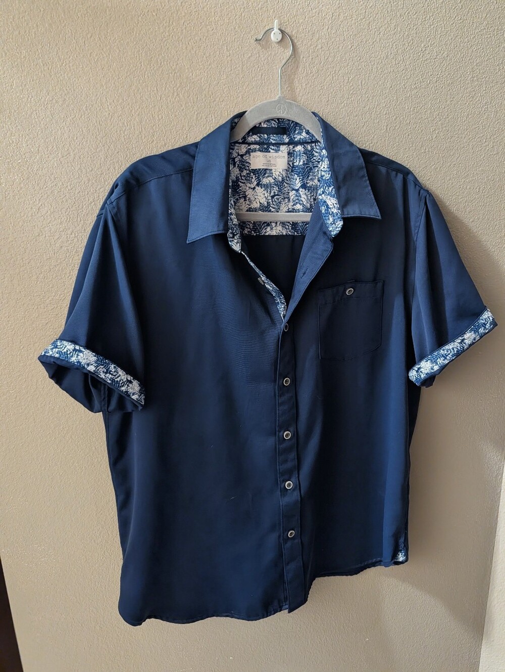 Men's Navy Short-Sleeve Button-Up Shirt with Floral Trim